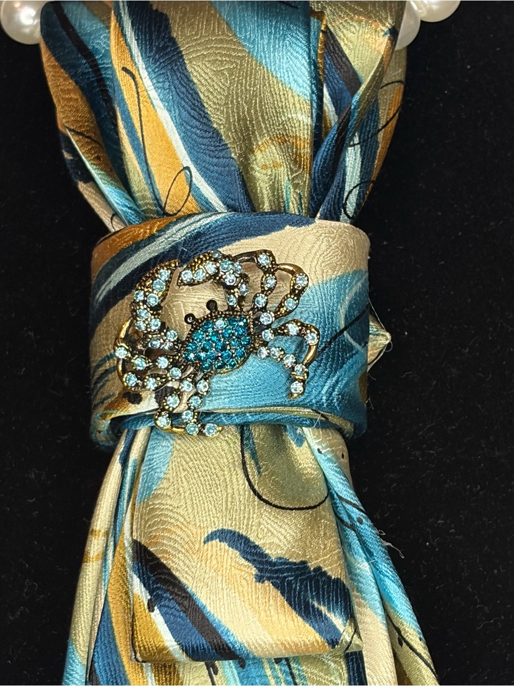 J. Garcia Teal, Blue and Gold Patterned Silk Tie with Crystal Crab Accents - Picture 2 of 4